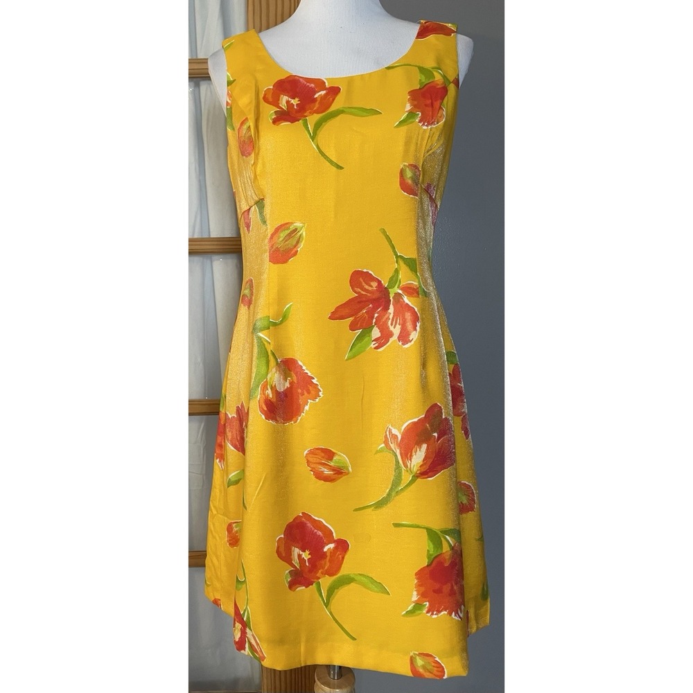 Vtg J R Nites Silky Floral Mini Dress Women's Sz 10 Yellow USA Made Cottagecore